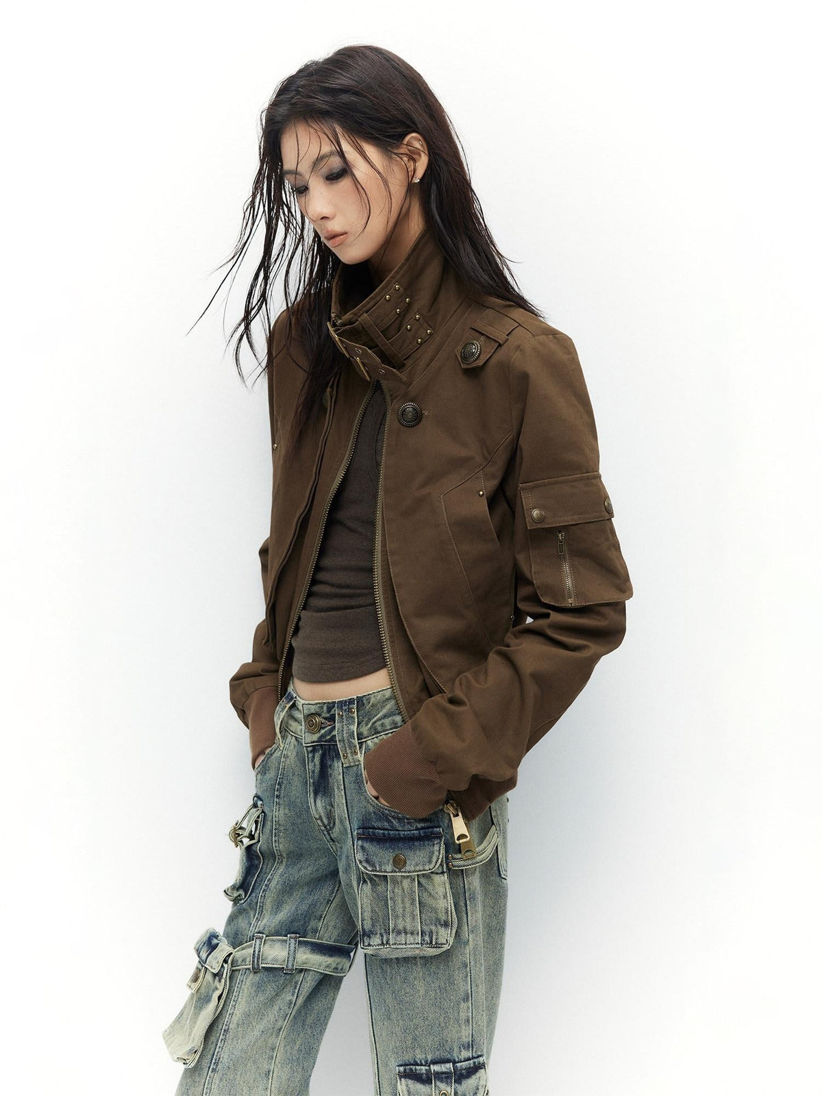 Plush Lined Waist Cinch Dark Goth Slim Fit Women Zip High Collar Cropped Jackets