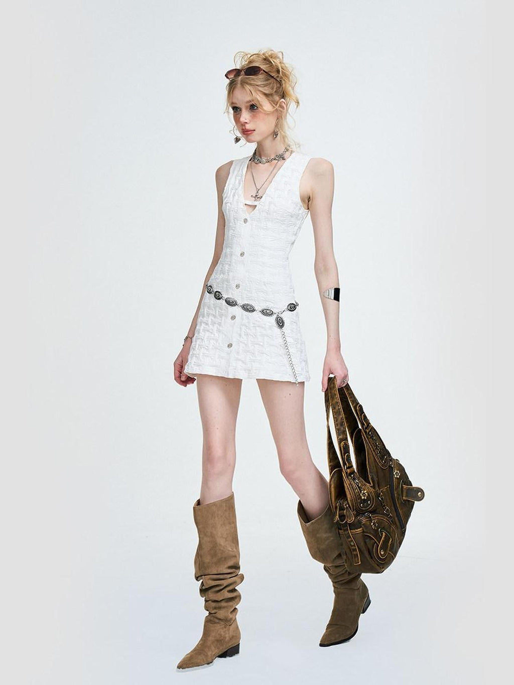 Floral High Waist V-neck Spaghetti Strap Street Women Casual White Mini Dresses