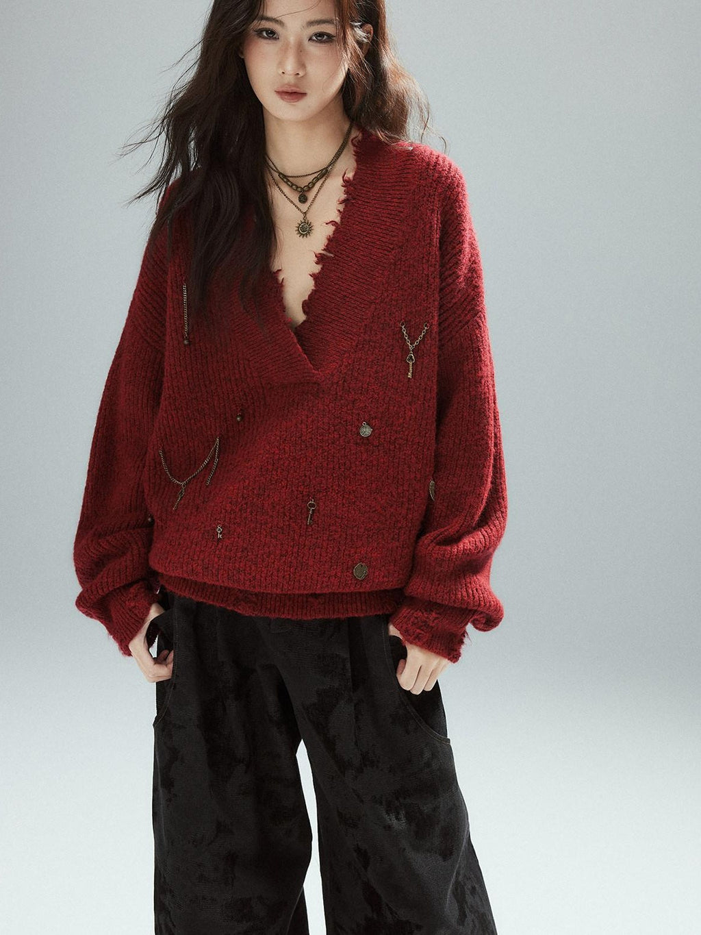 Warm Oversized Street Raw Hem Women V-neck Red Pullover Sweaters
