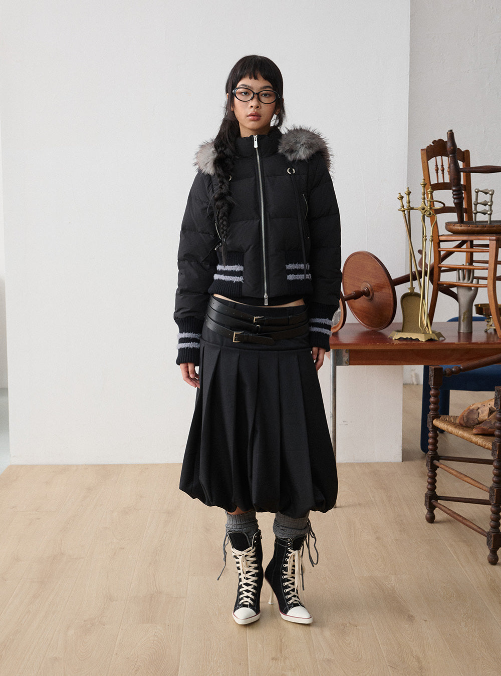 Furry Hooded Short Puffer Jacket (2color)