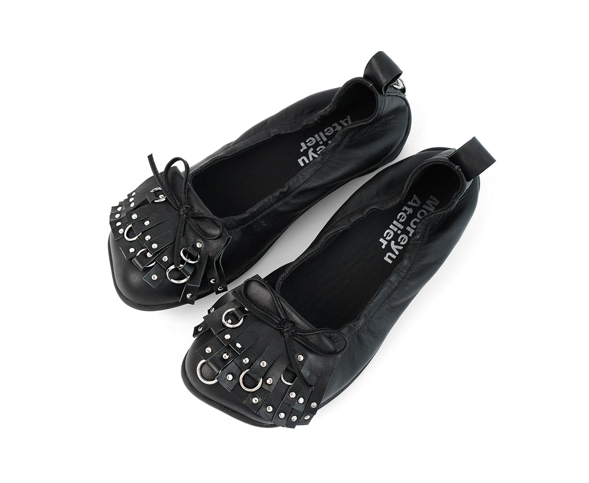Rebel Bow Studded Ballet Flats Black