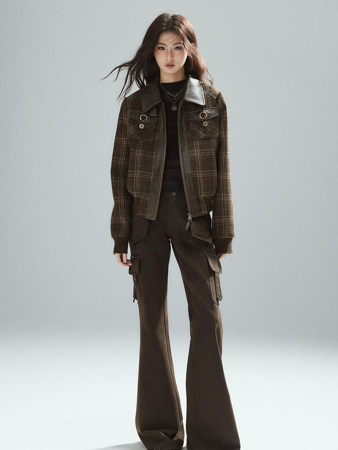 Slim Low Rise Cotton Flare Street Style Zipper Brown Women Cargo Pants