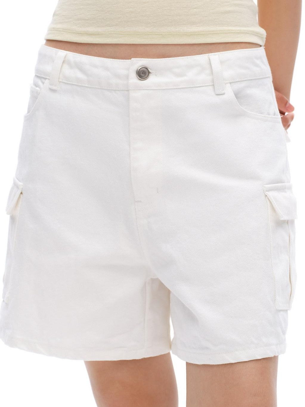 White Vintage Bermuda Cargo Button Fly Pocket Women'S Cotton Denim Shorts