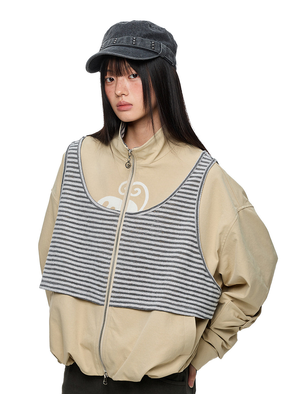 Colorblock Layered Knit Stripe Zip Jacket