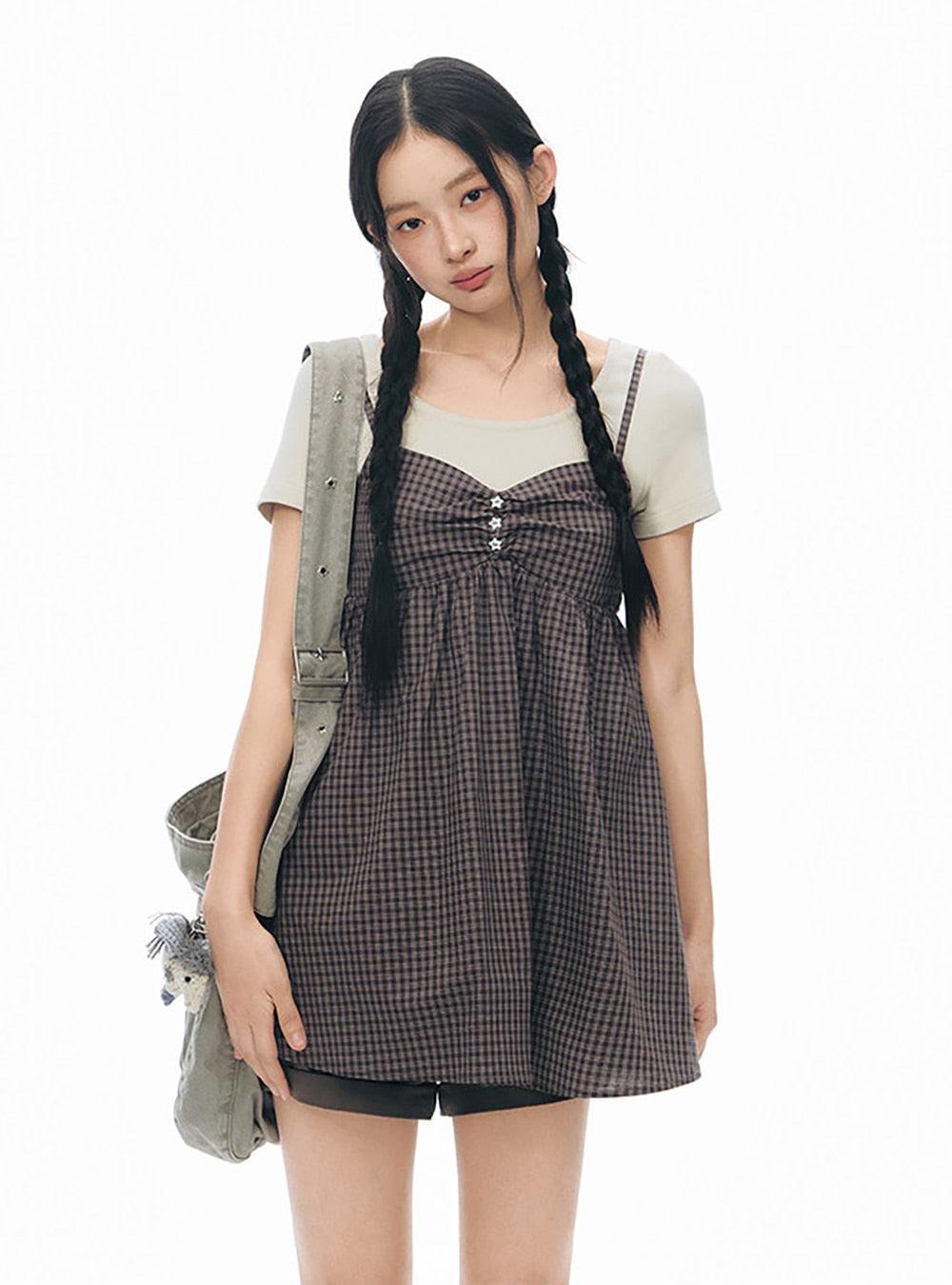 Star Button Check Layered Dress (2color)