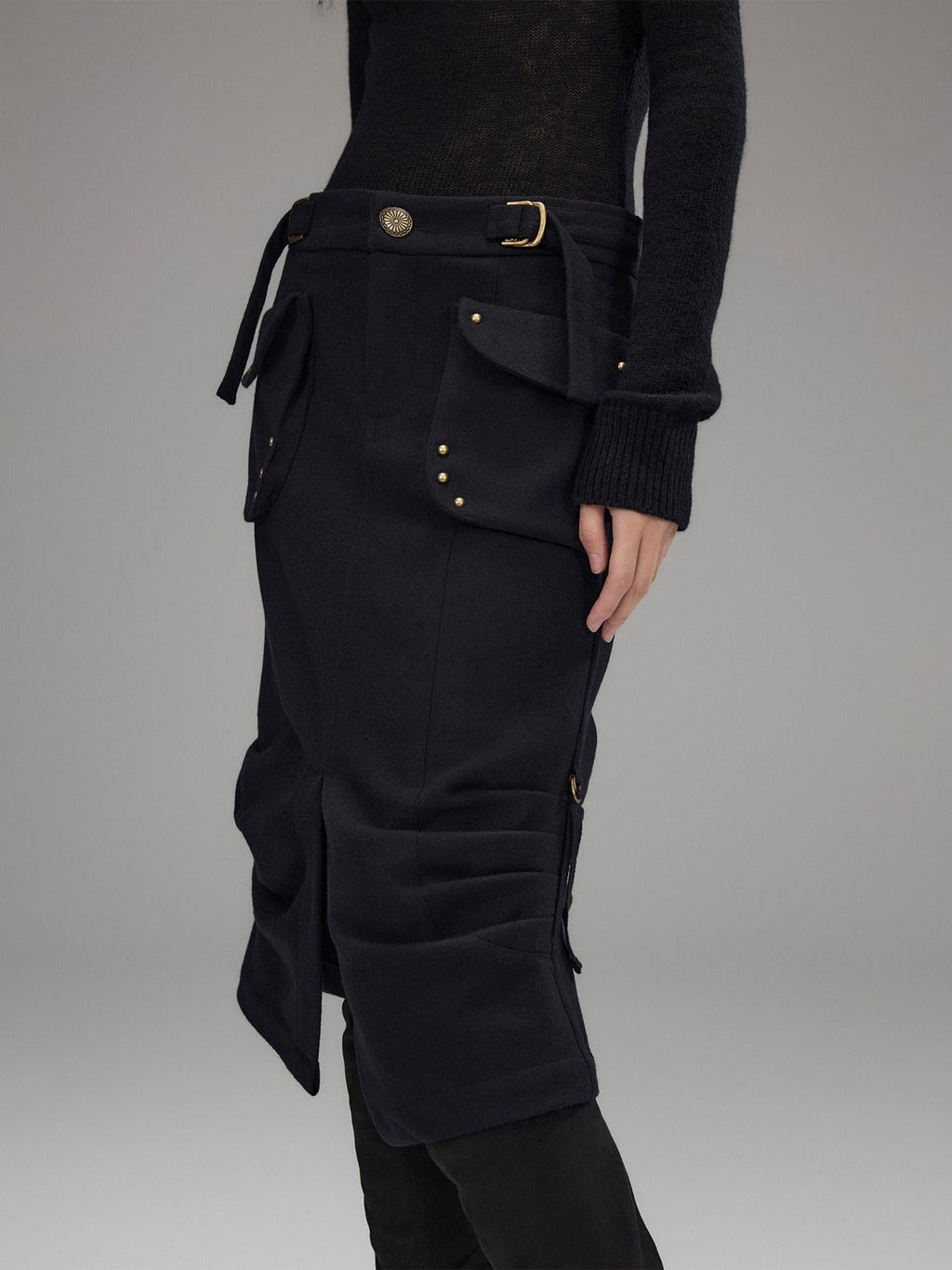 Wool Blend Low Rise Cargo Pockets Front Slit Hline Casual Black Midi Skirts