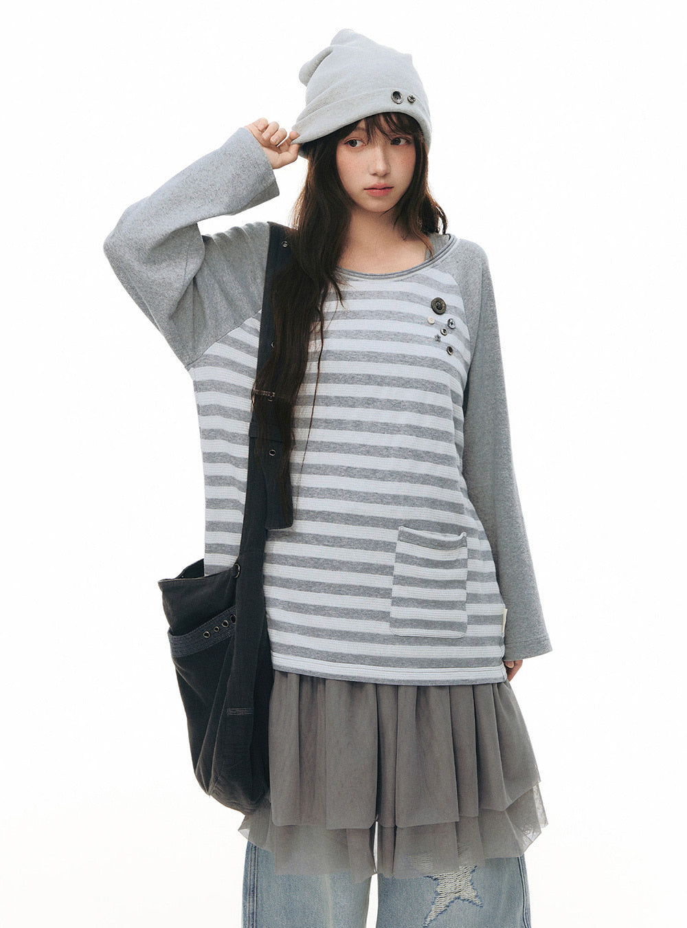 Star Button Stripe Raglan Top