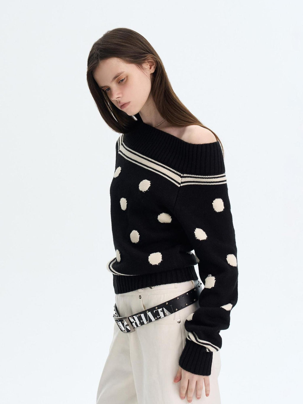 Cozy Thermal Acrylic Wool Polka Dot Boat Neck Relaxed Women Knit Sweaters