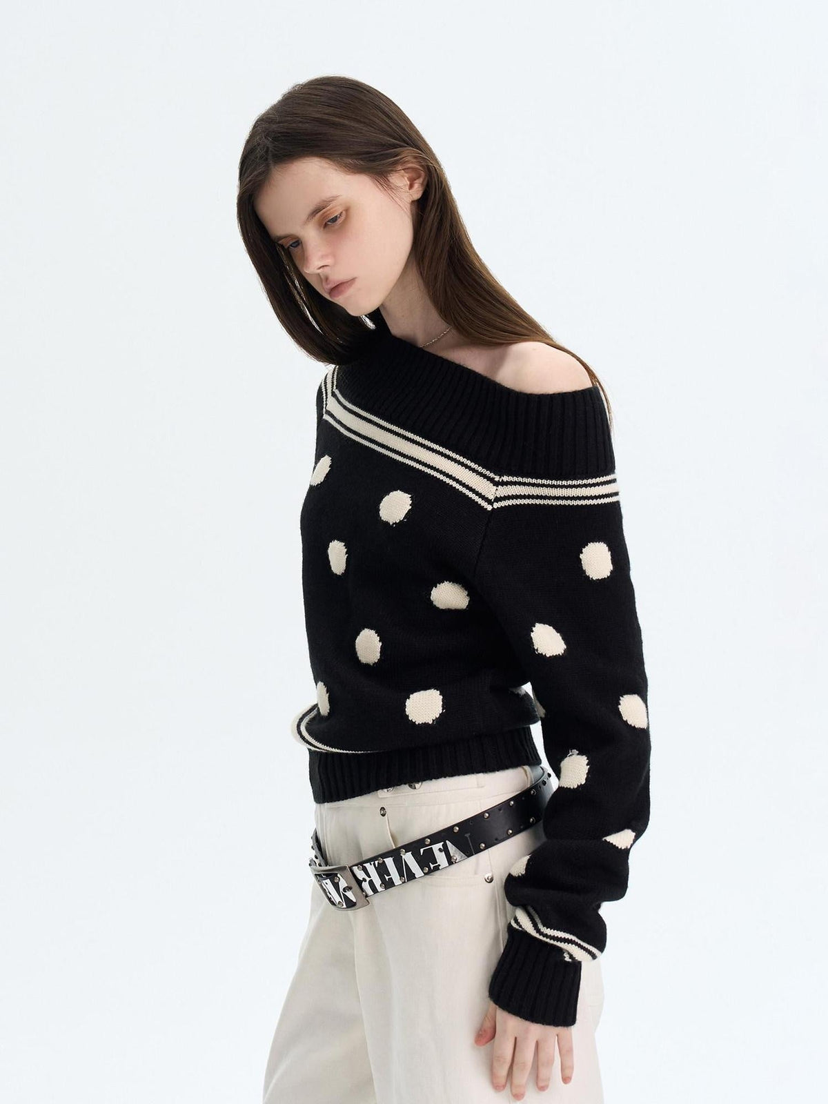 Cozy Thermal Acrylic Wool Polka Dot Boat Neck Relaxed Women Knit Sweaters