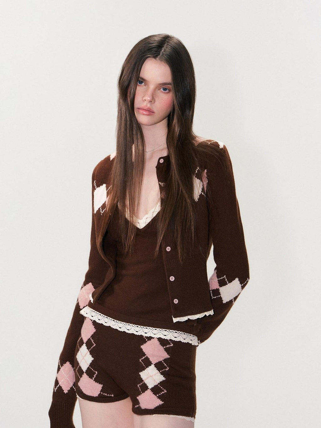Cashmere Blend Sexy Argyle Button Cardigan Shorts Women Top & Shorts Sets