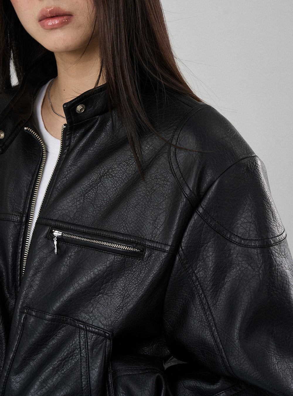 Leather Metal Collar Biker Jacket