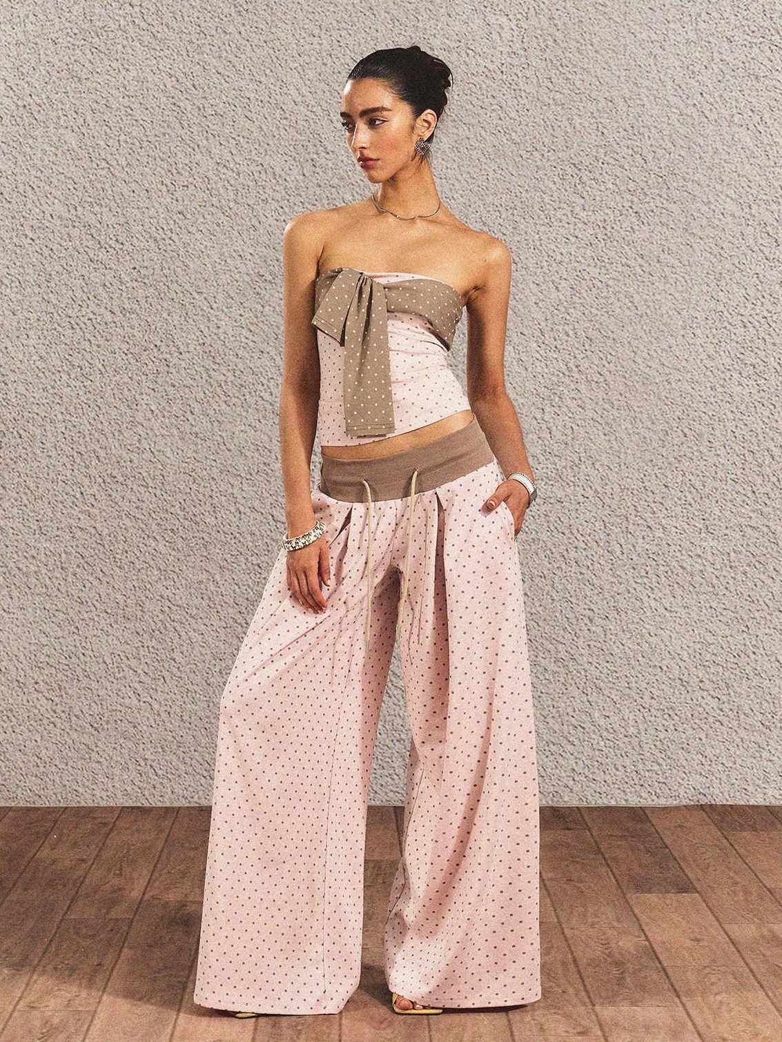 Polka Dot Cotton Two Piece Colorblock Sexy High Waist Pants Tube Tops