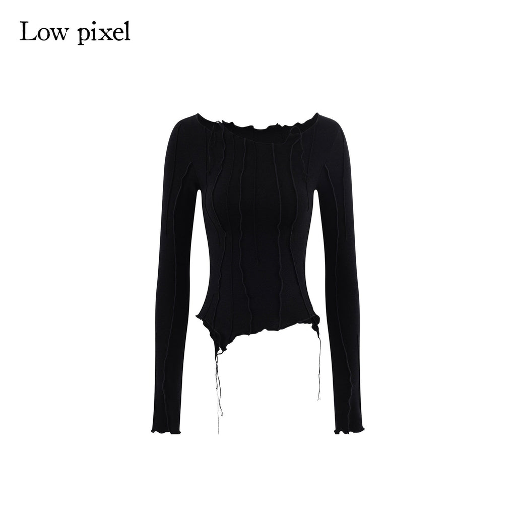 Patchwork V-neck Slim Street Girls Lyocell Black Long Sleeve T-Shirts