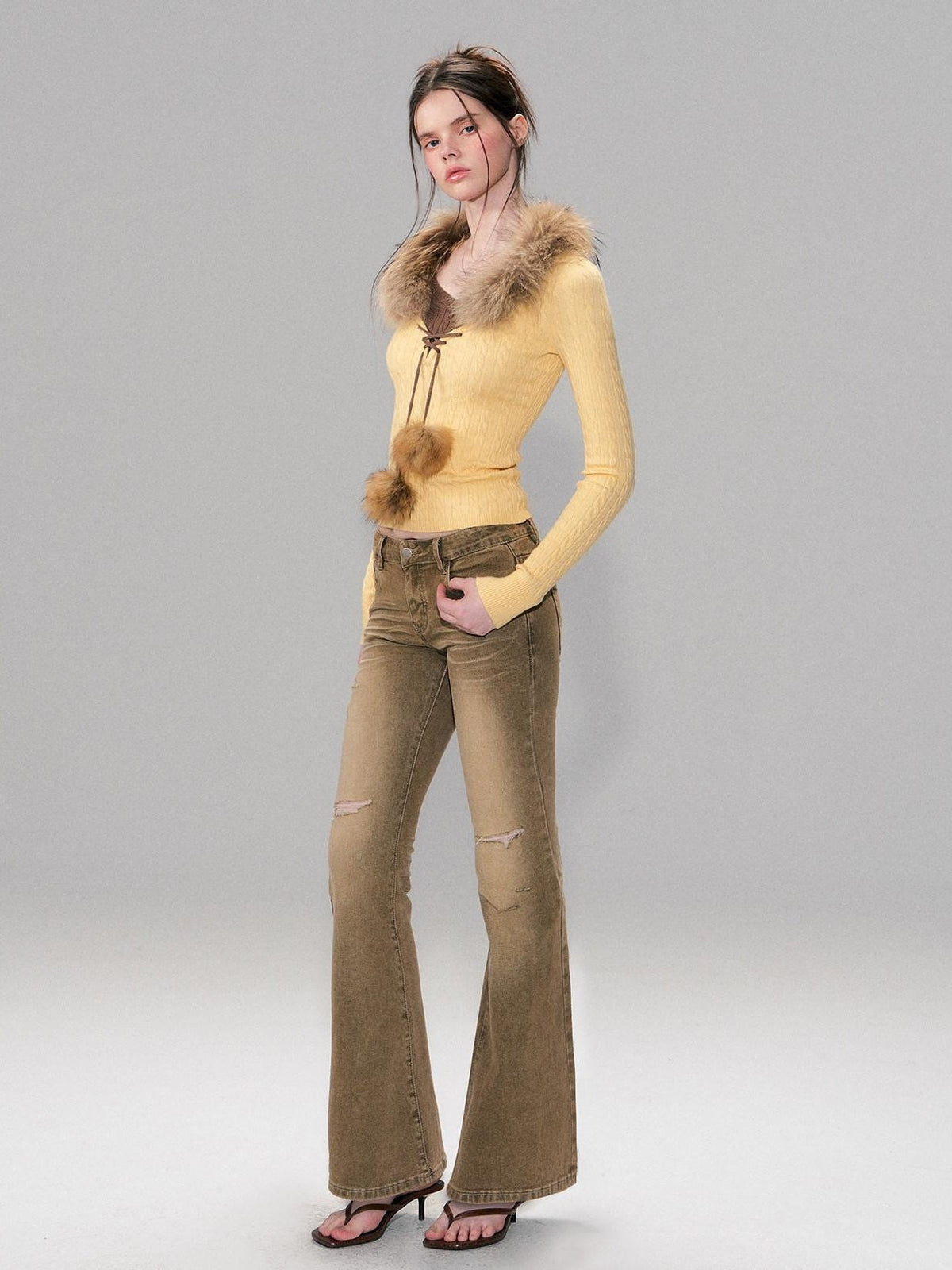 Brown Washed Low Rise Ripped Sexy Slim Fit Cotton Slight Stretch Womens Jeans