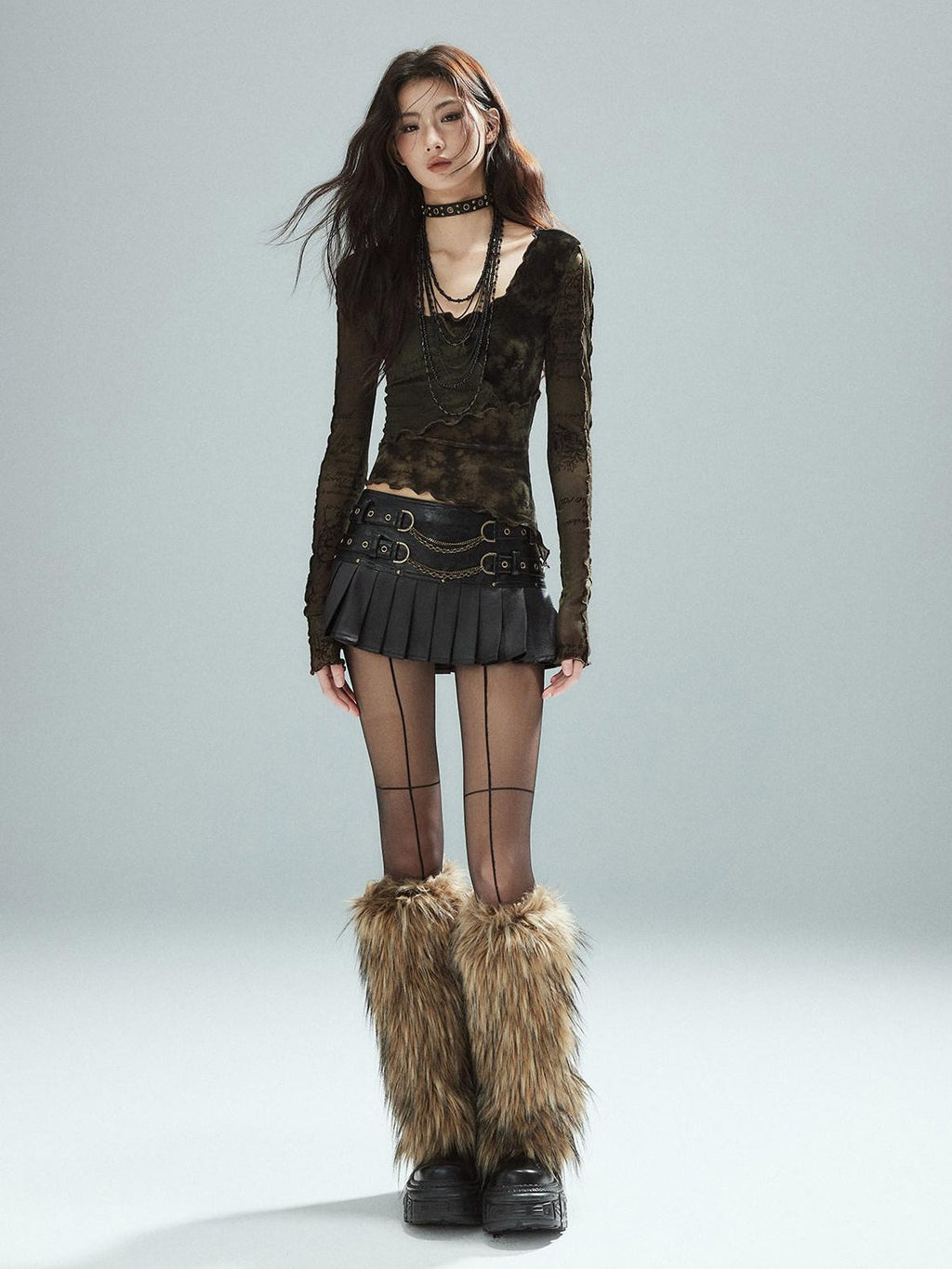 Low Waist Pleated A Line Street Patchwork Chain Zipper Lined Black Mini Skirts