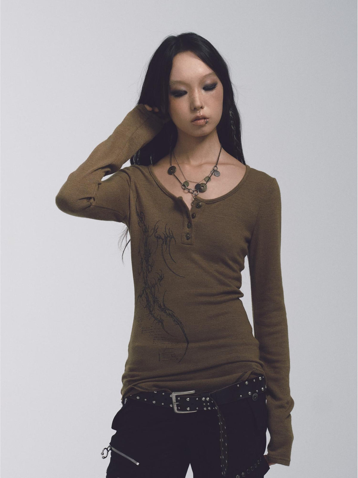 Cross Stitch Print Knit Sweater With Skull Buttons And Curved Hem