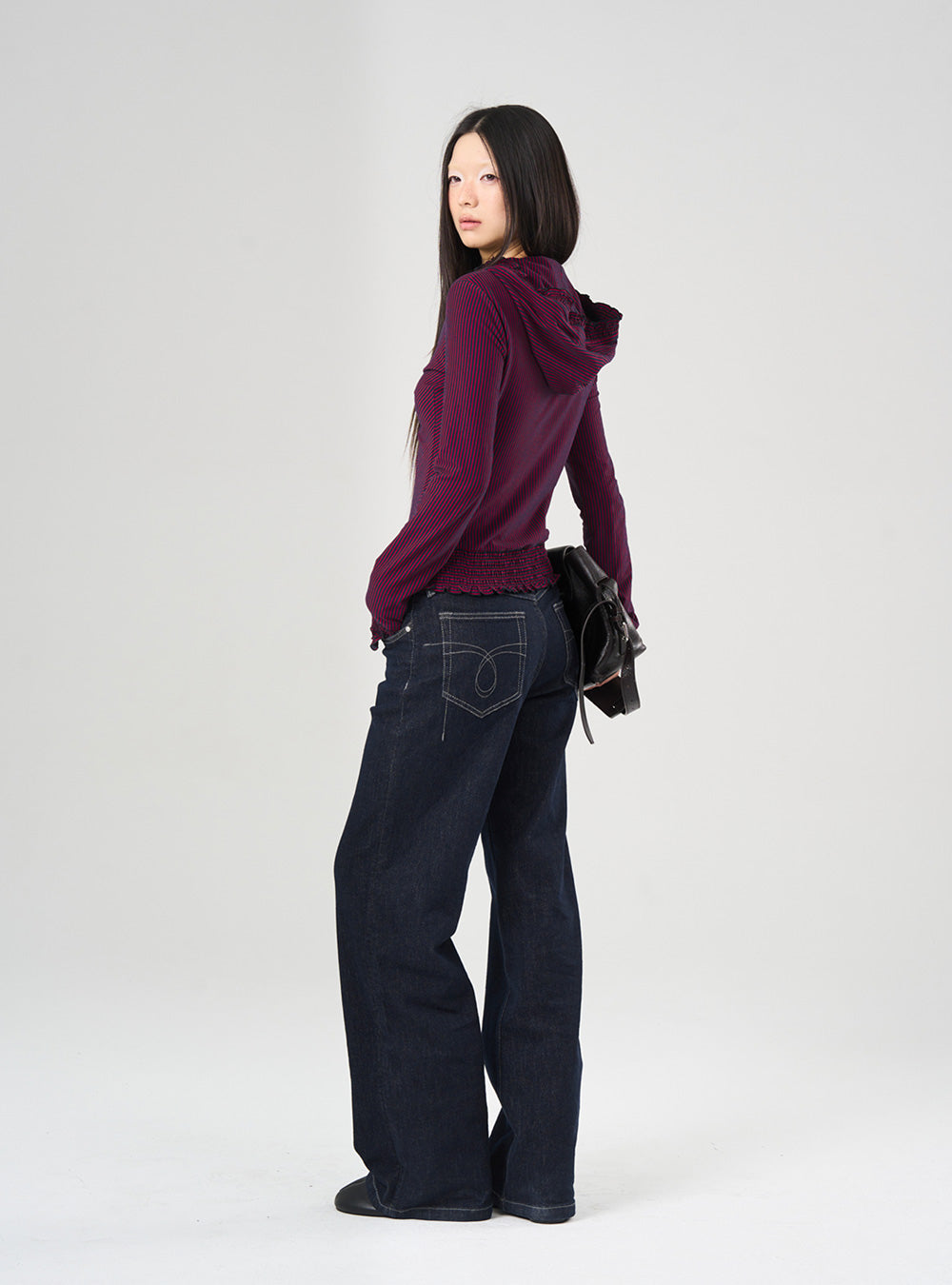 Lace Waist Shirring Stripe Zip-Up Hoodie (2color)