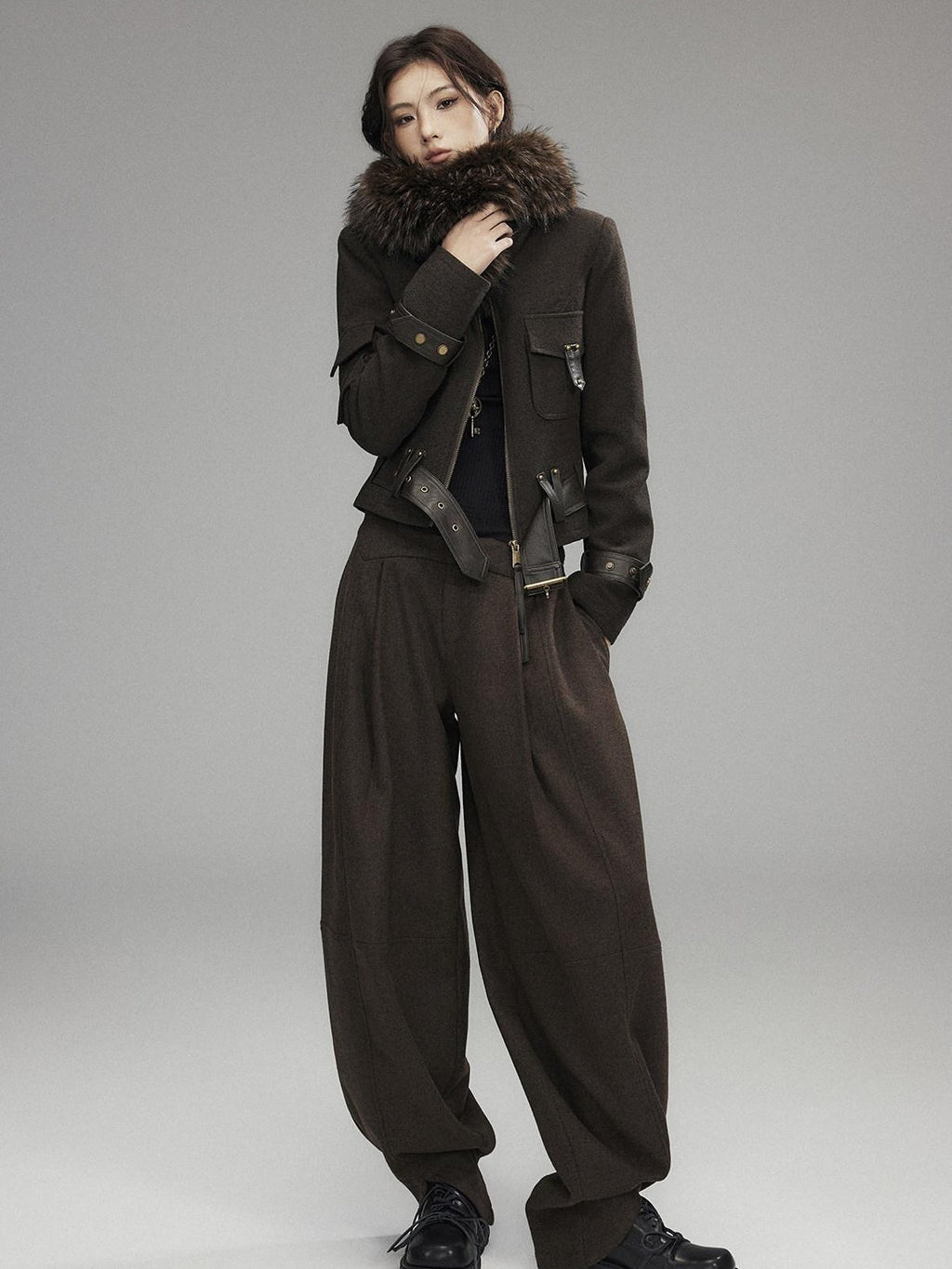 Thick Wool Blend Slim Fit Sexy Lapel Zipper Brown Everyday Women Cropped Jackets