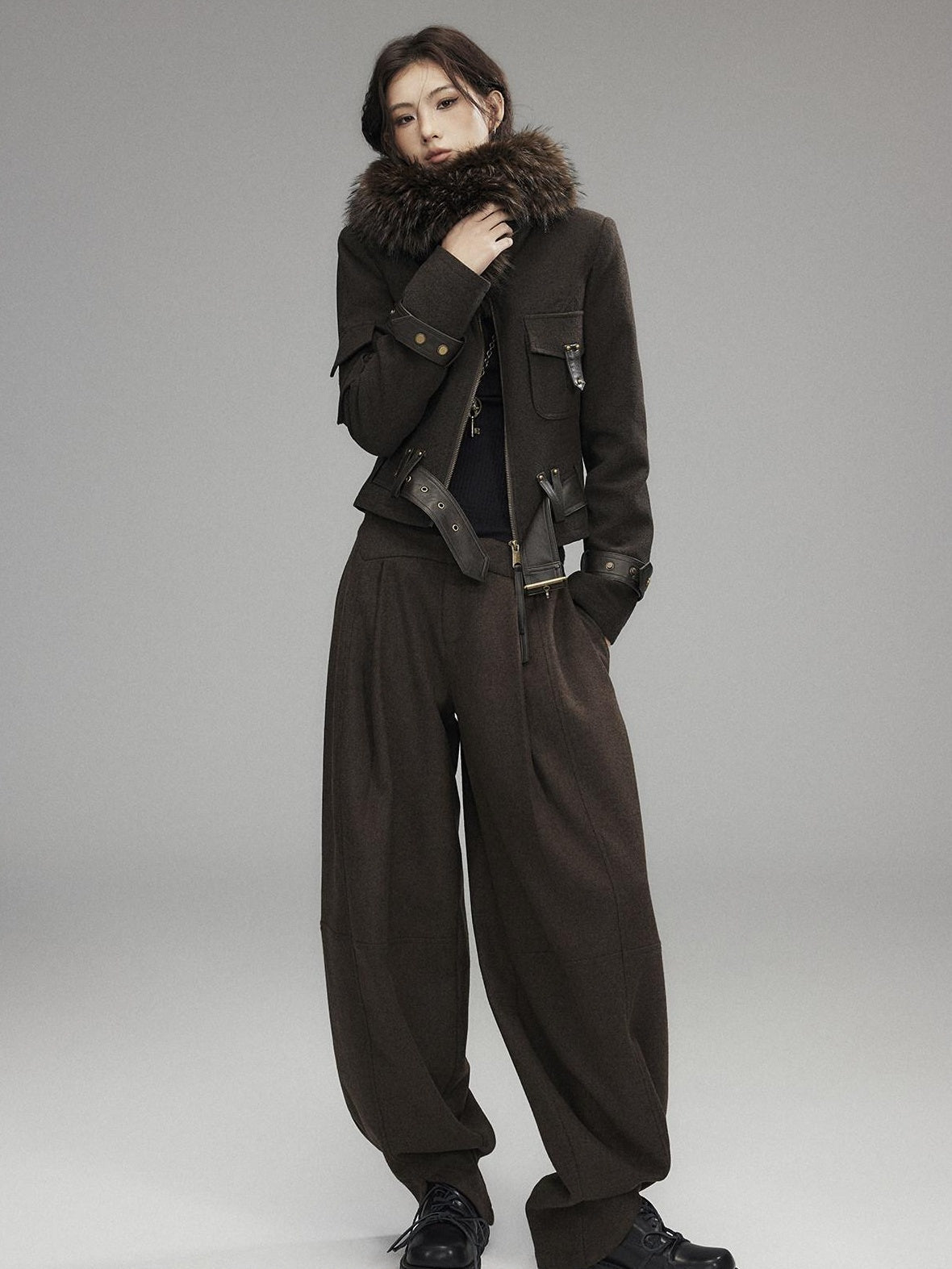 Thick Wool Blend Slim Fit Sexy Lapel Zipper Brown Everyday Women Cropped Jackets