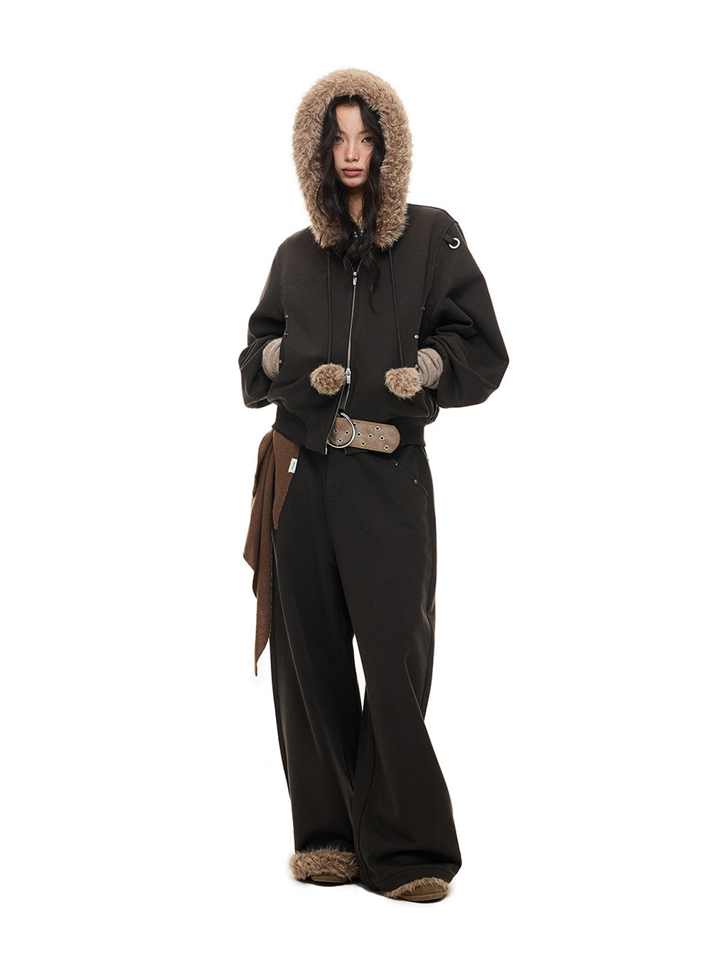 Trim Faux Fur Hoodie & Wide Pants