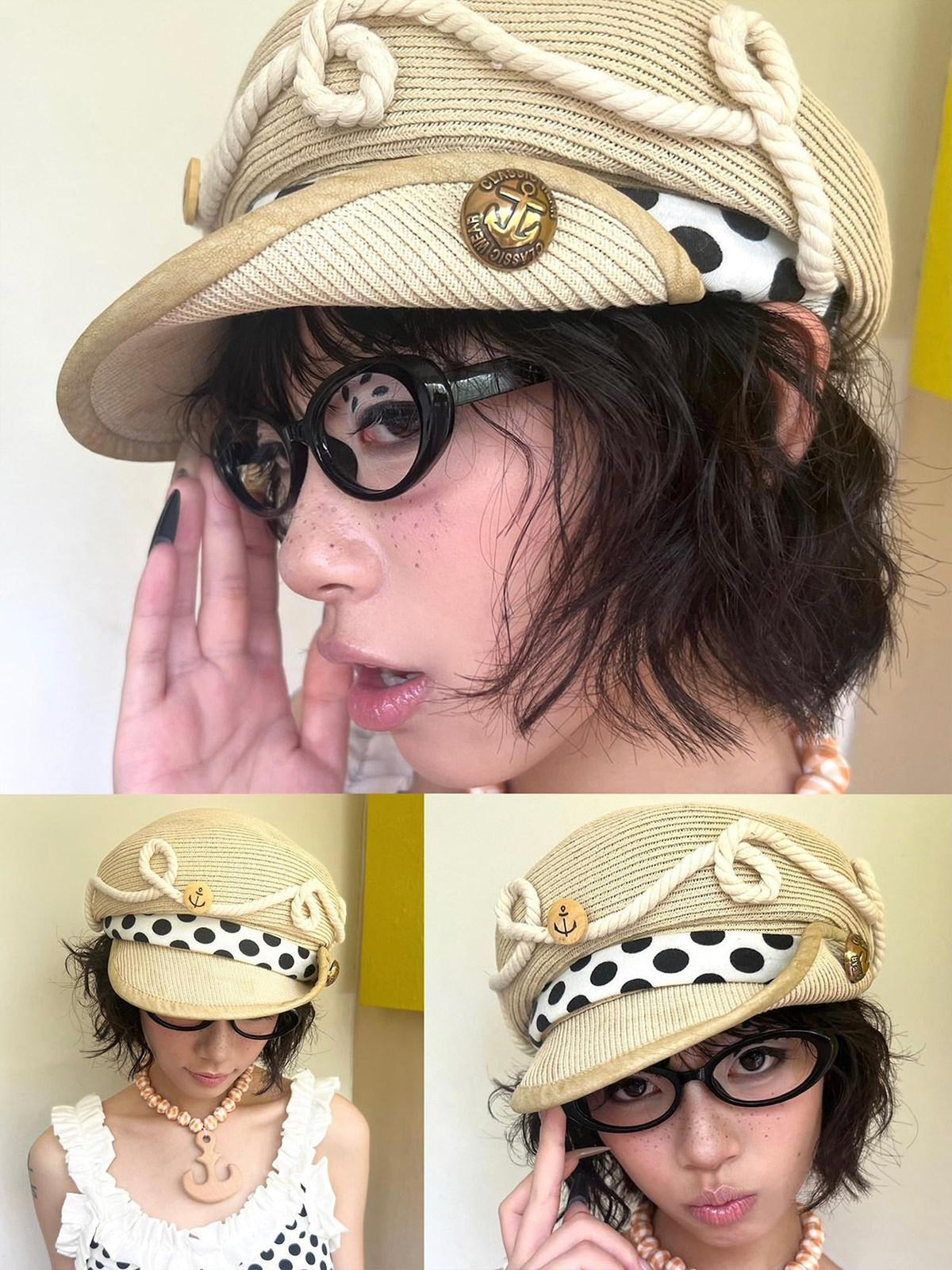 Linen Polka Dot Casual Fisherman Unisex Travel L Size 58 60Cm Beanies