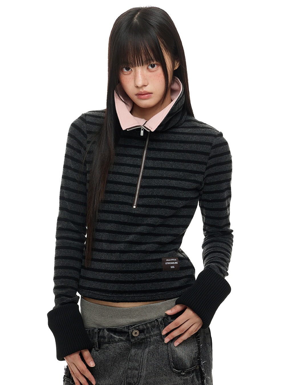 Stripe Contrast Collar Zip Top