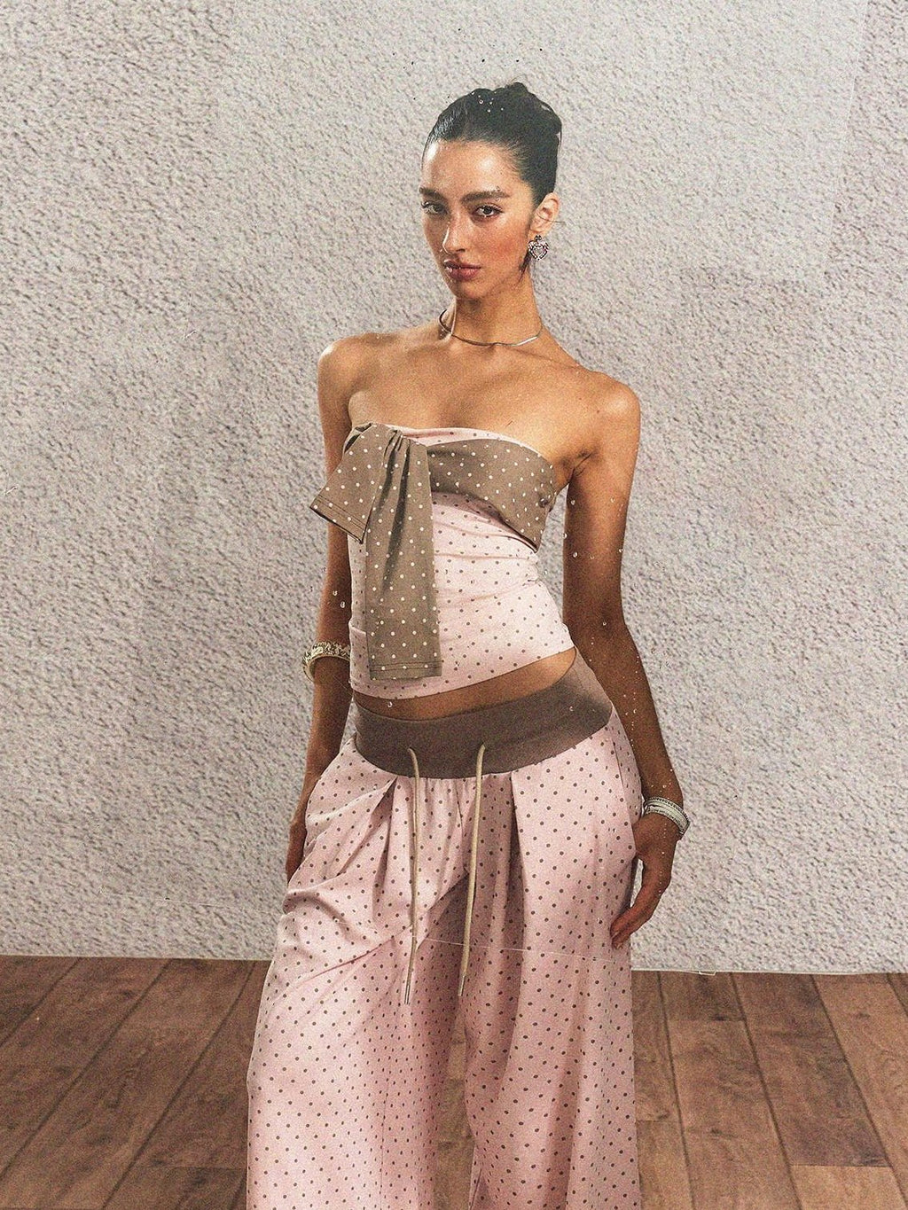 Polka Dot Cotton Two Piece Colorblock Sexy High Waist Pants Tube Tops