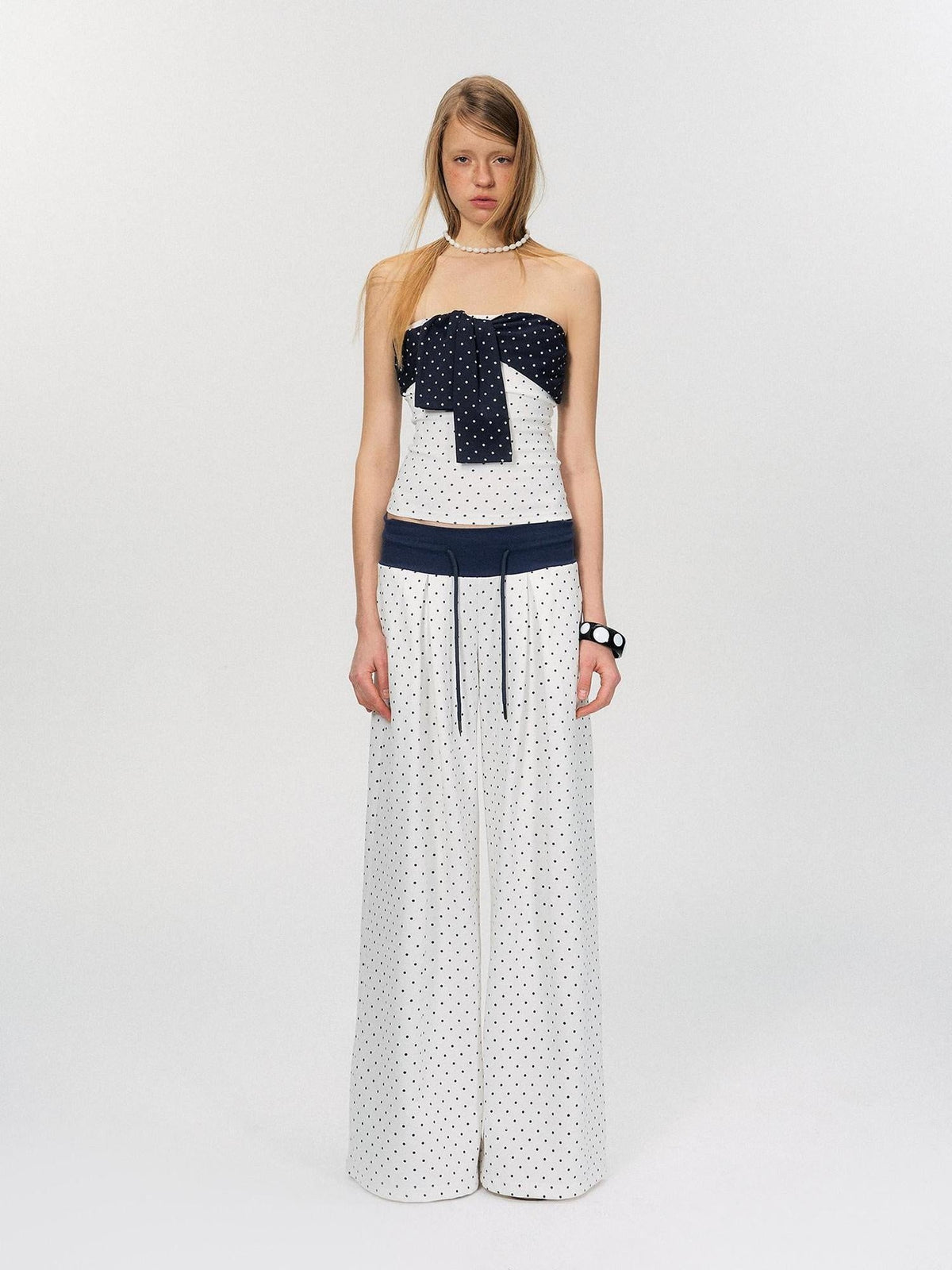 Polka Dot Cotton Two Piece Colorblock Sexy High Waist Pants Tube Tops