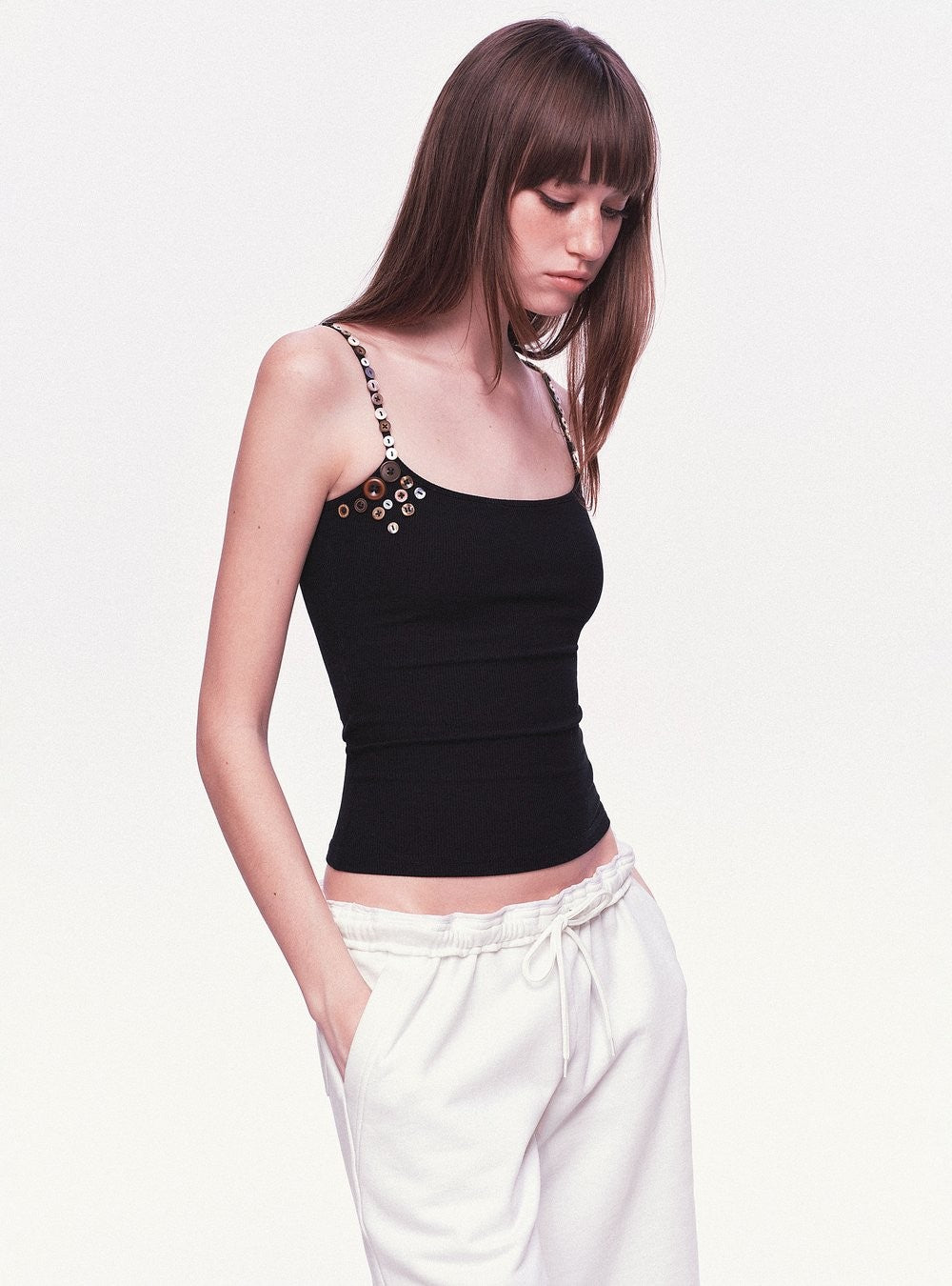 Black Button Strap Knit Top