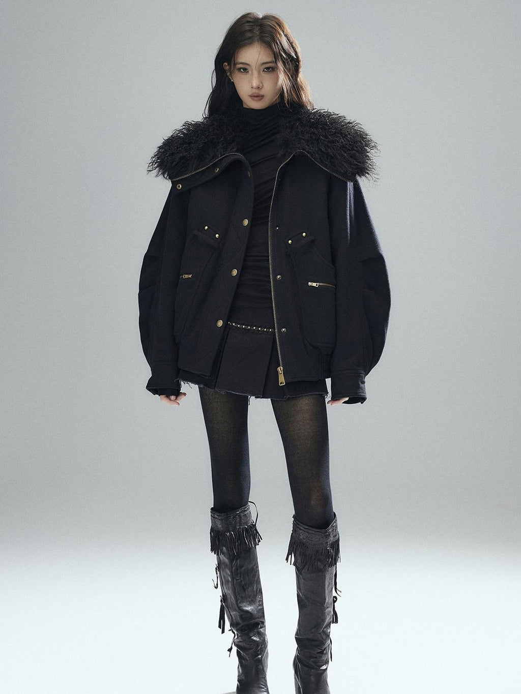Thick Wool Blend Multi Pocket Loose Fit Sexy Girl Black Zipper Cropped Jackets