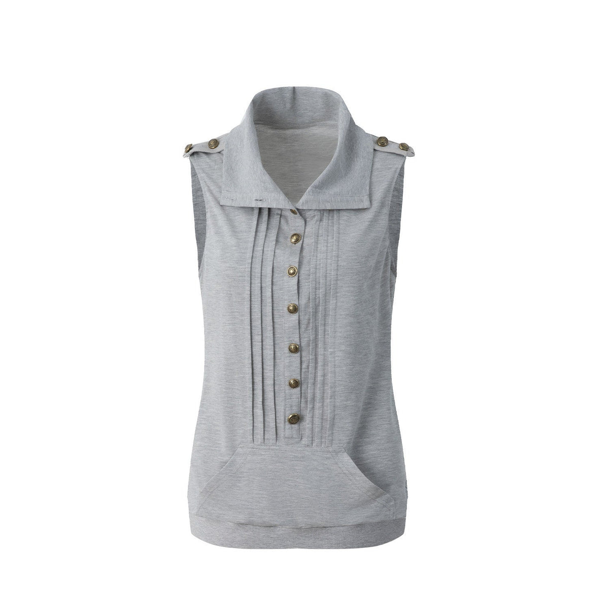 Metal Button Epaulet Convertible Half High Neck Women'S Cotton Blend Tank Tops