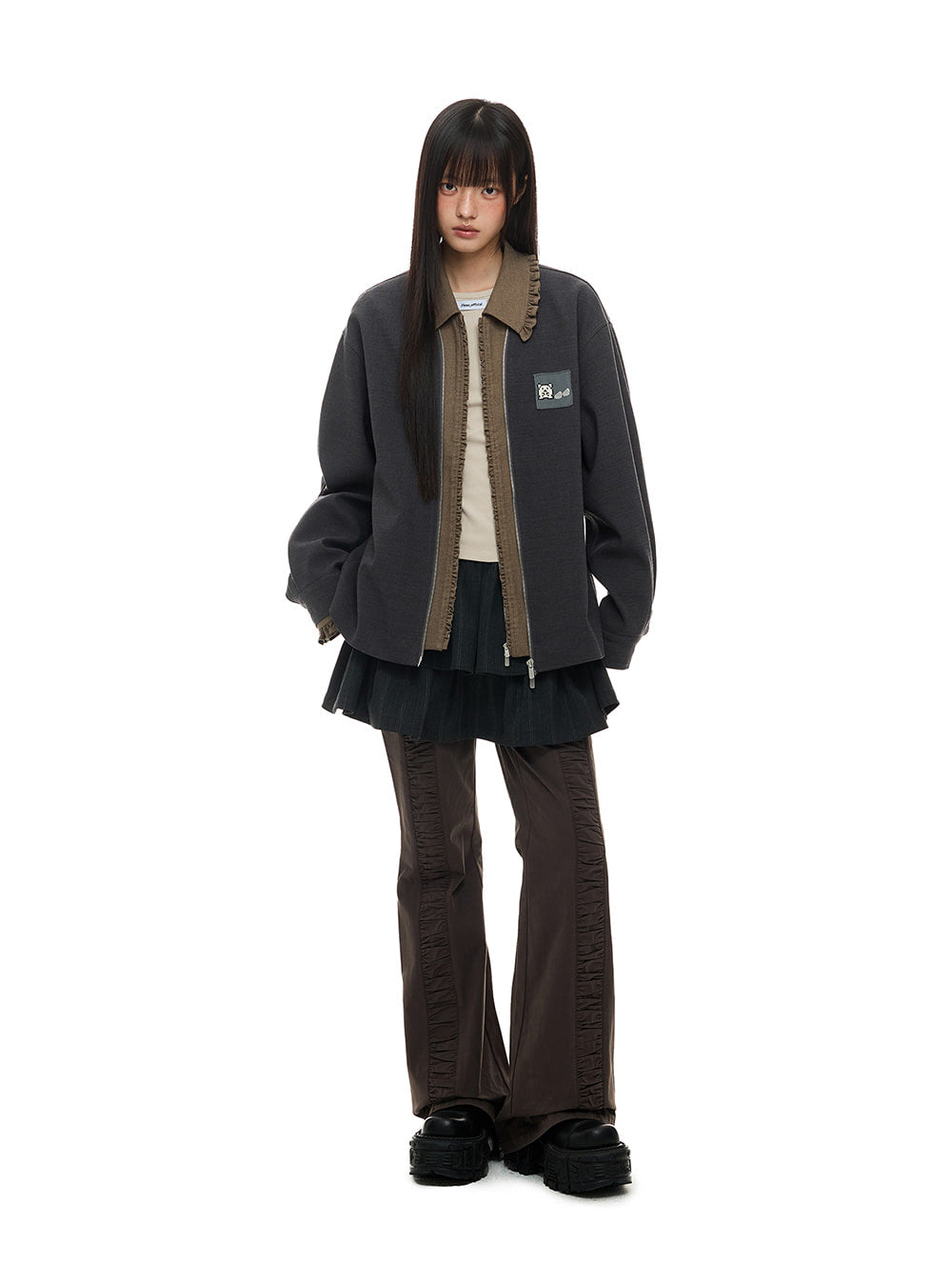 Ruffle Zip Patch Jacket