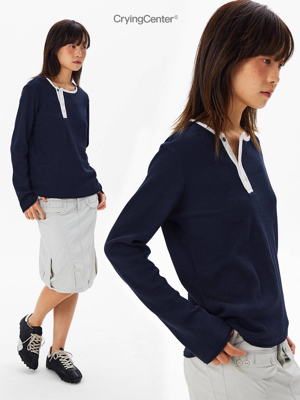 CryingCenter Button Round Neck Long Sleeve