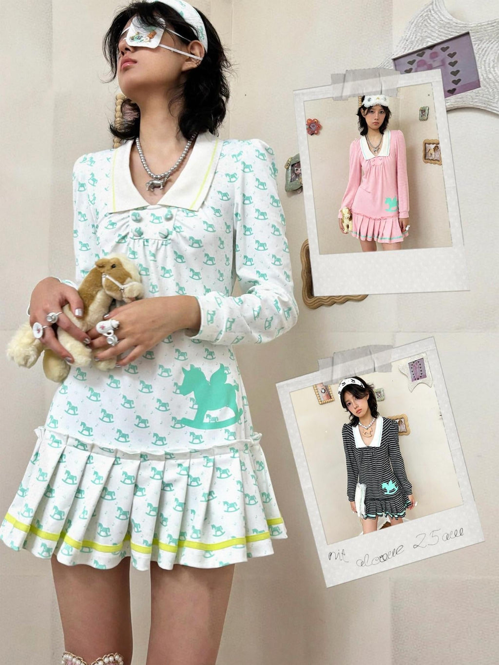 Cute Bubble Sleeve Doll Collar Pleated Casual Striped Mint Pink Mini Dresses