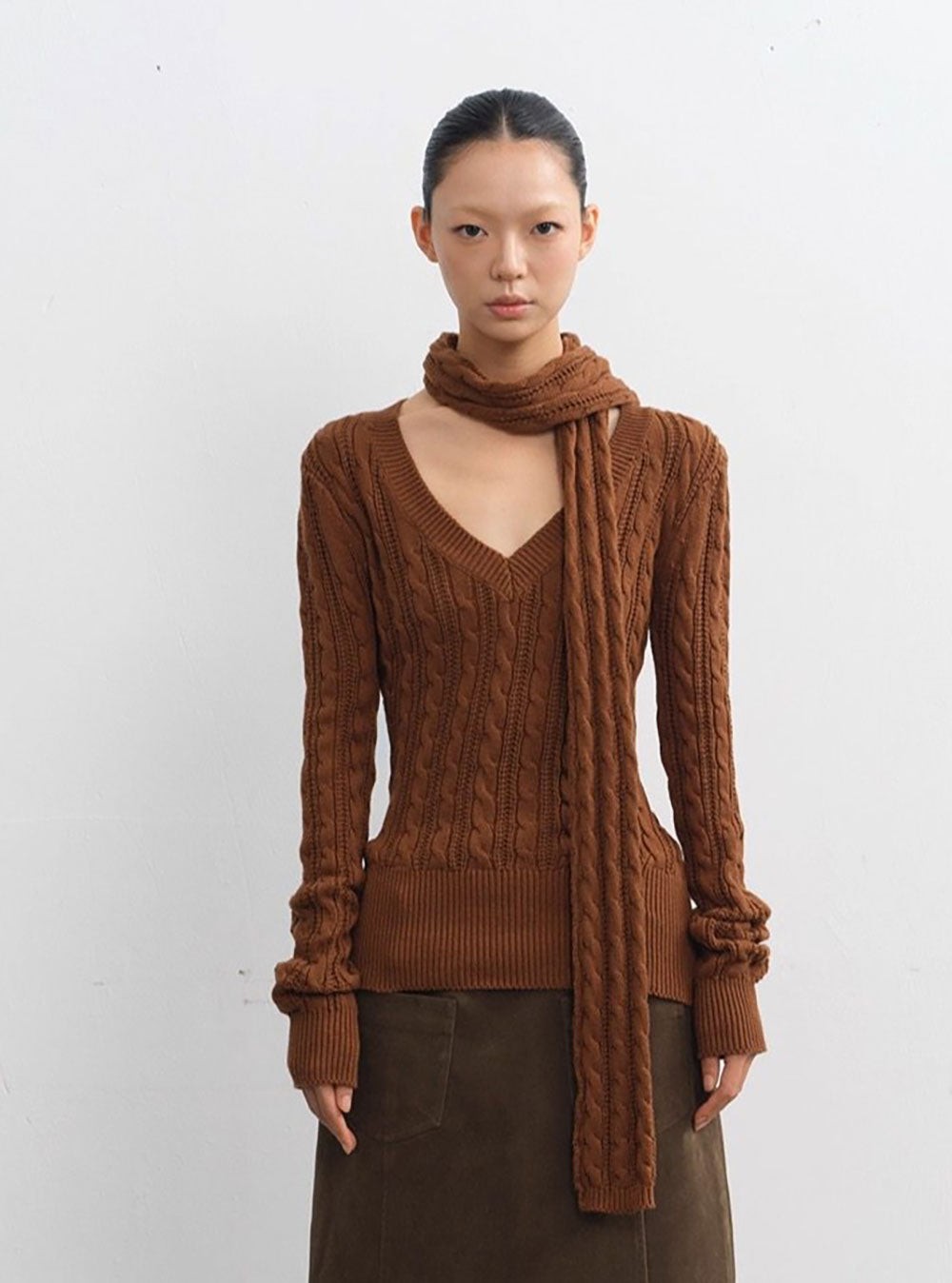 Retro V-Neck Cable Knit Sweater Top (3color)