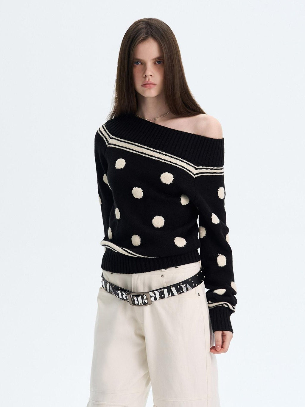 Cozy Thermal Acrylic Wool Polka Dot Boat Neck Relaxed Women Knit Sweaters