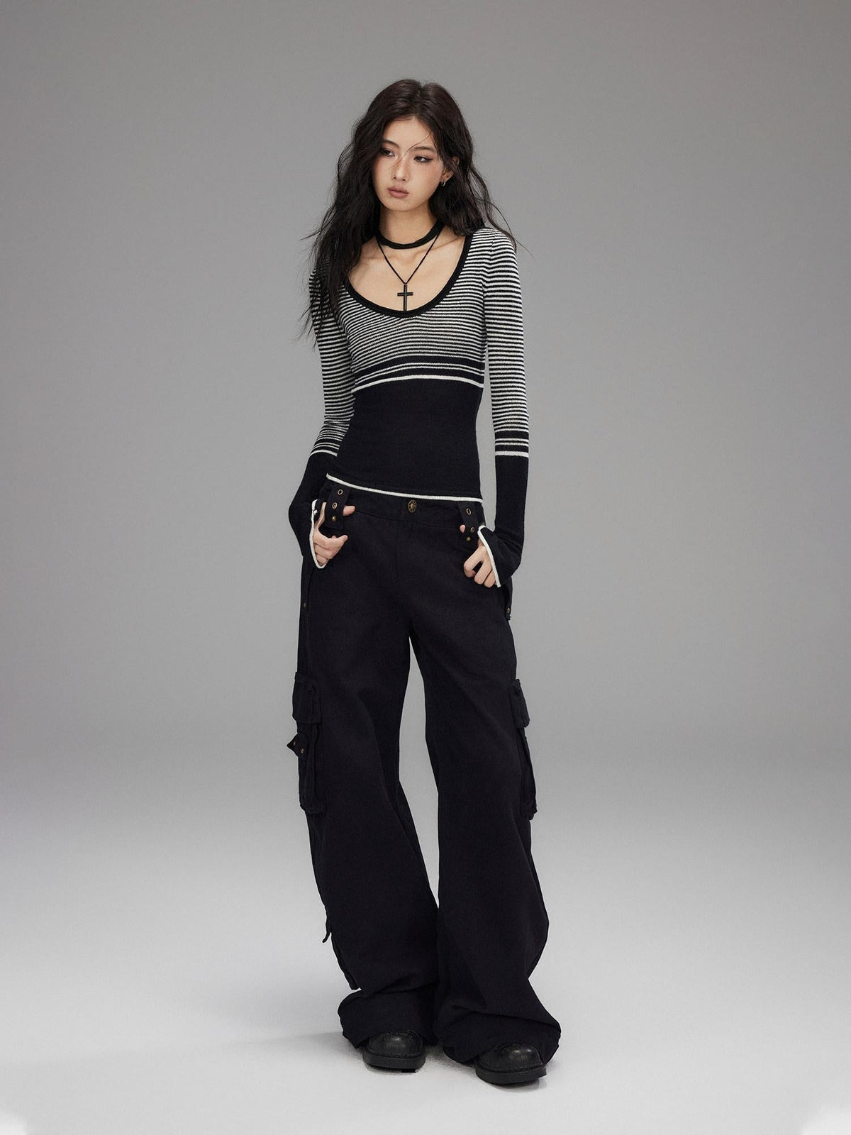 Soft Acrylic Slim V-neck Striped Casual Women Everyday Long Sleeve T-Shirts