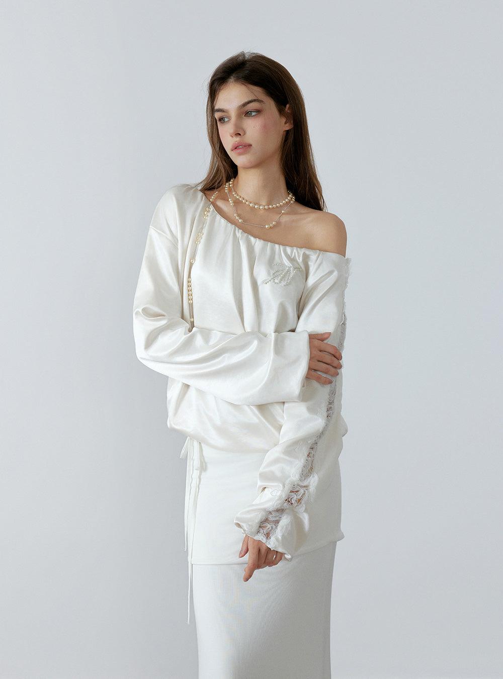 Matte Satin One-Shoulder Lace Top