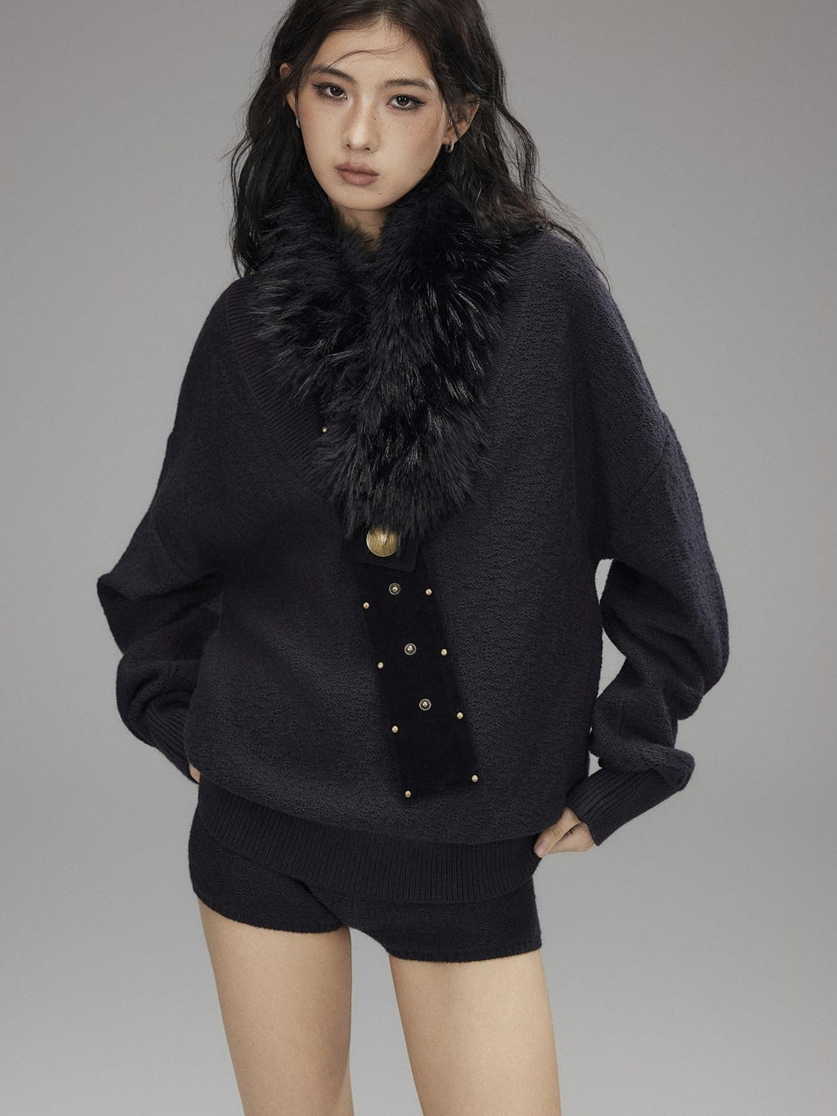 Knitted Wool Blend Loose Street Style Women Two Piece Set Navy Mini Shorts
