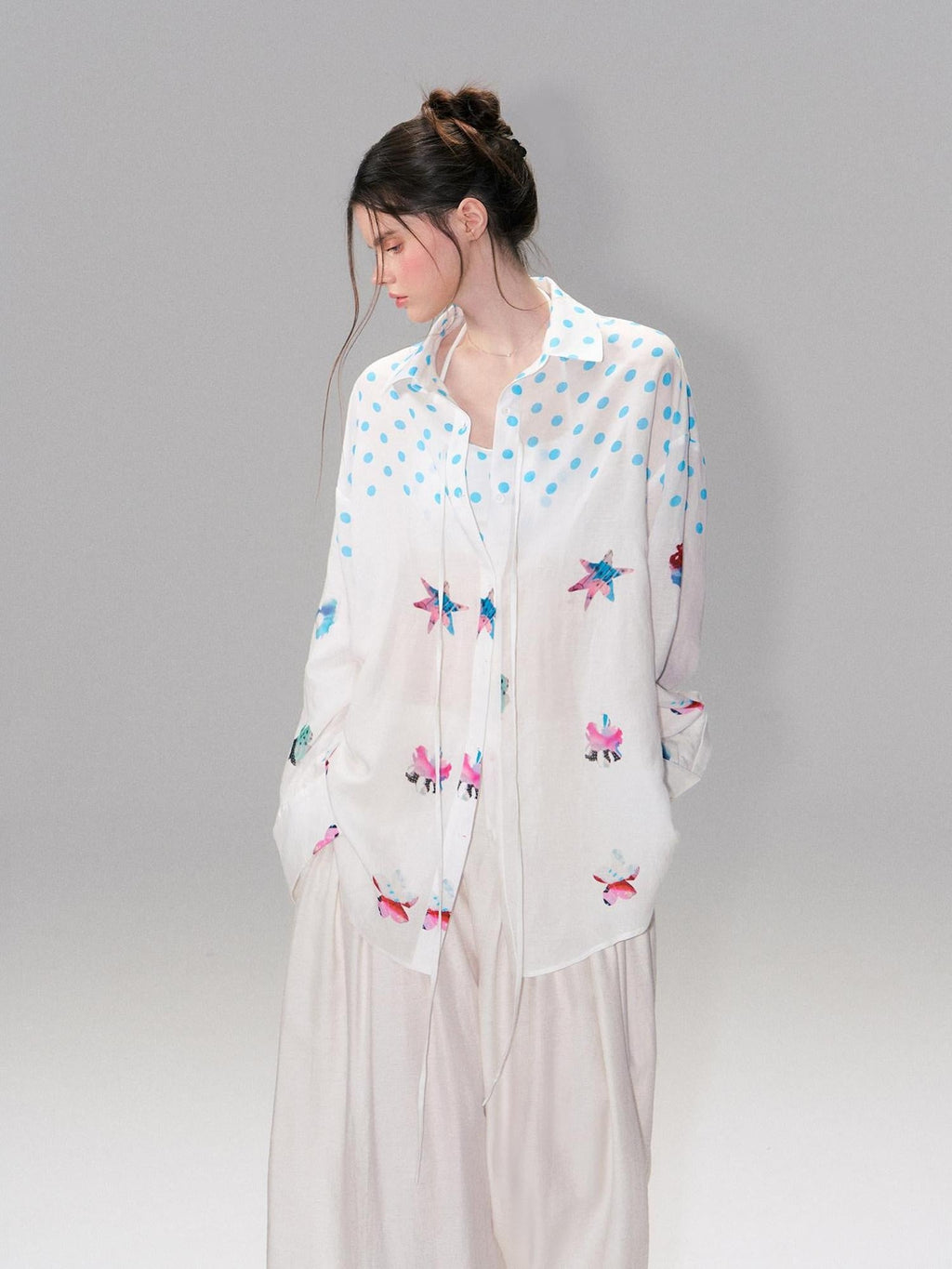 Soft Breathable Linen Blend Relaxed Drop Shoulder Polka Dot Long Sleeve Shirts
