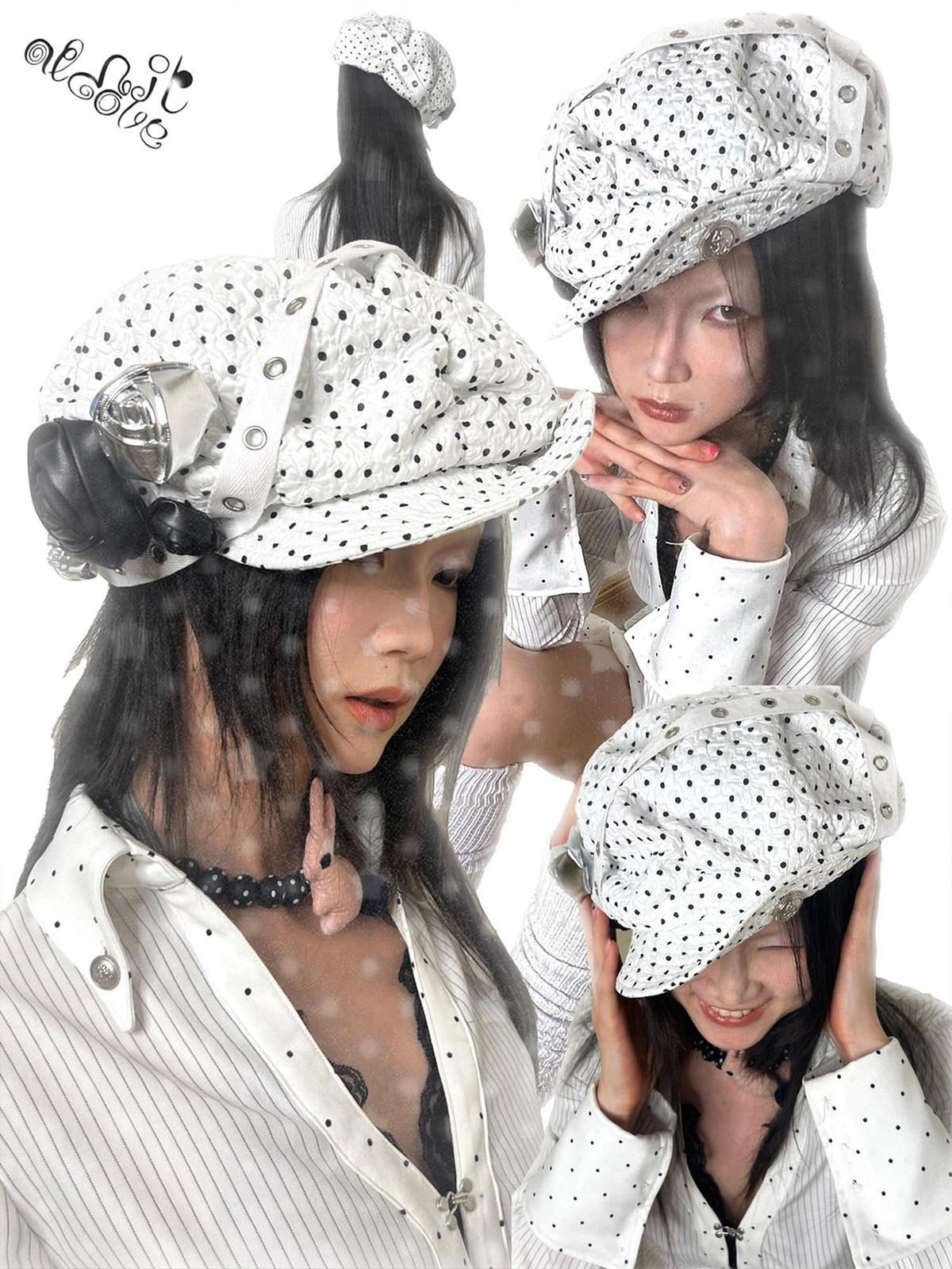 Handmade Bow Casual Short Brim Polka Dot Beret Women White Size M 56 Cm Hats