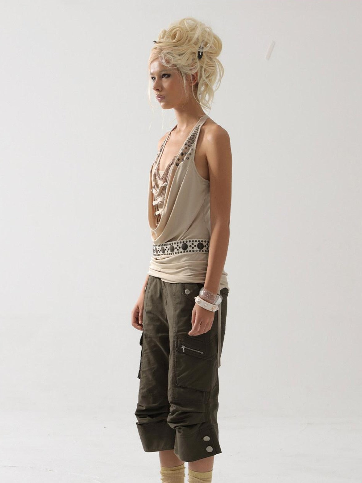Vintage Biker Washed Cargo Women'S Cotton Flare Cropped Pants