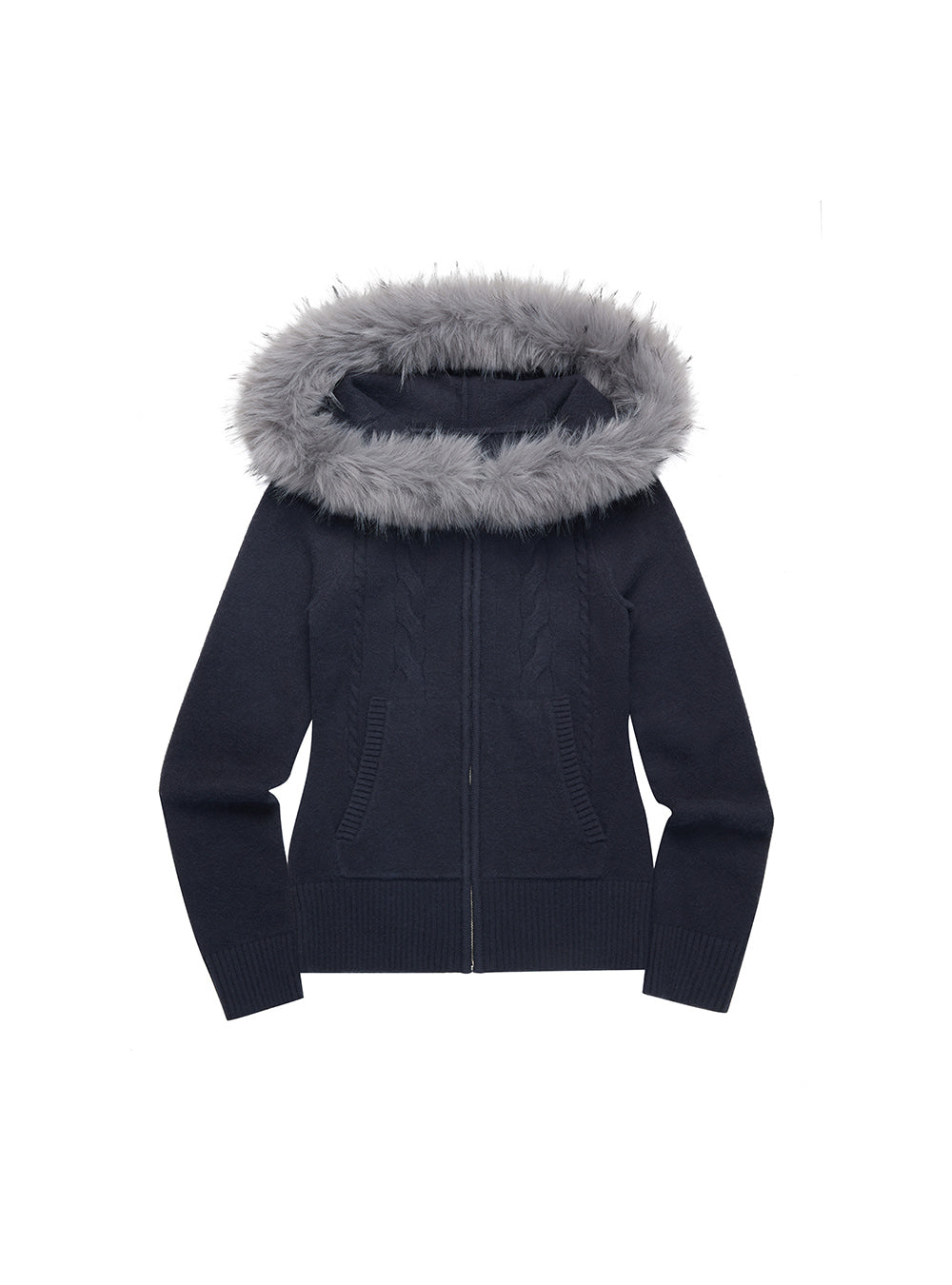 Navy Fur Hooded Zip-Up Knit Jacket