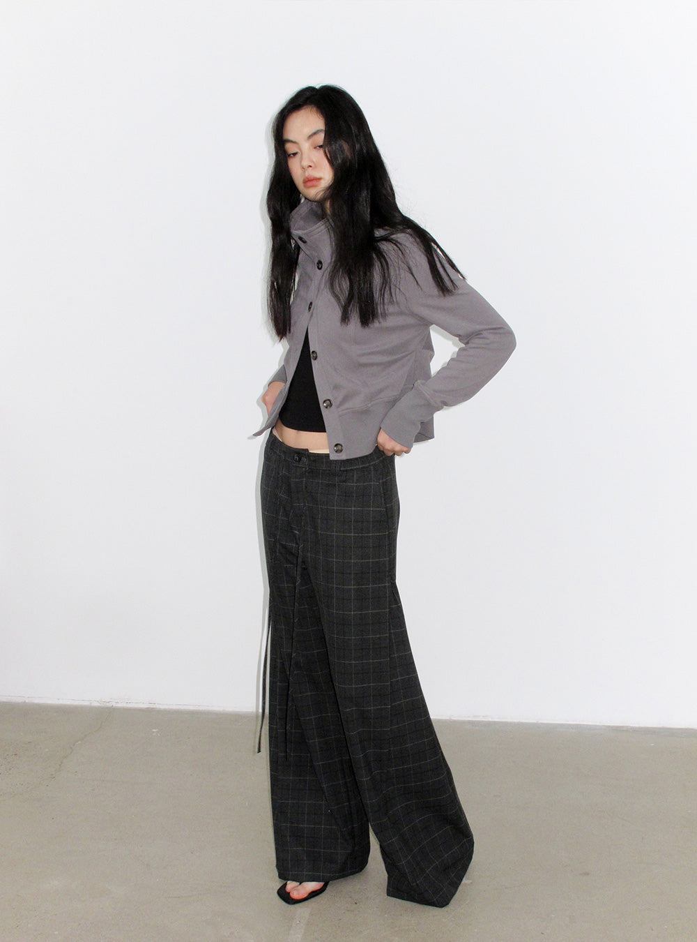 Dark Grey Check Side-Slit Wide Pants