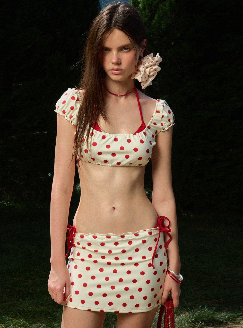 Polka Dot Puff Sleeve Bikini Set