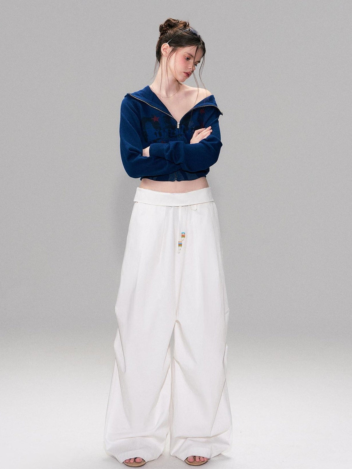 Cotton Blend Vintage Curved Cut Natural Waist Women White Wide Leg Pants