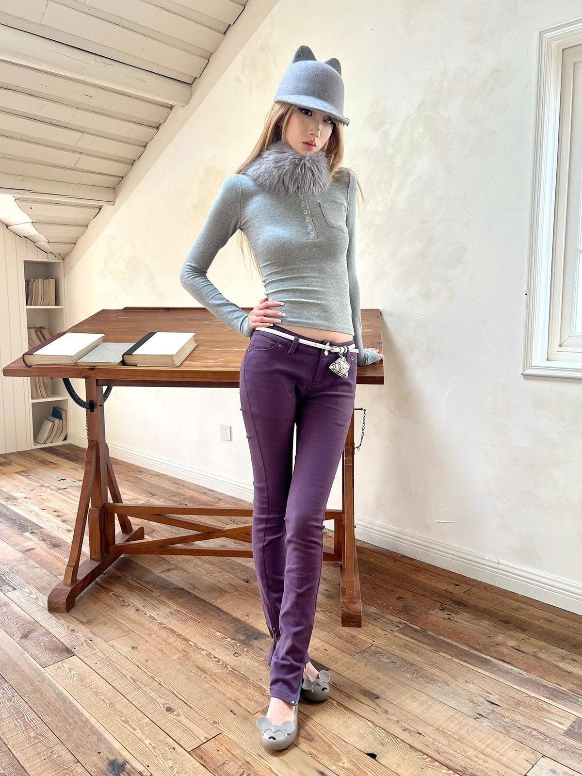 High Stretch Printed Cotton Low Waist Slim Button Fly Straight Pants