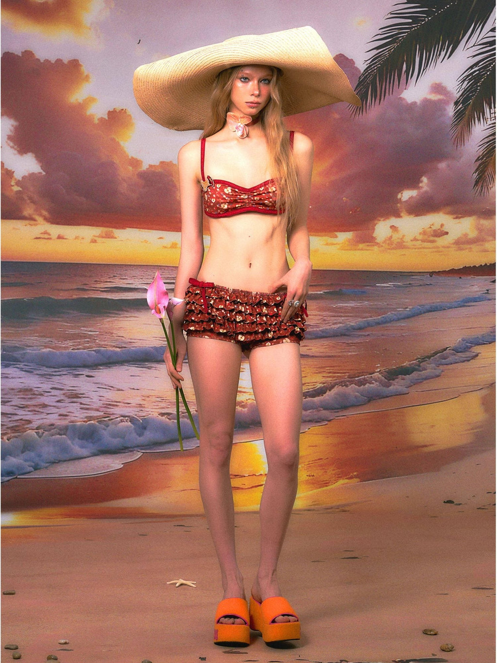 Red Ruffled Layered Skirt Shorts Casual Polyester Two Piece Women Bikini