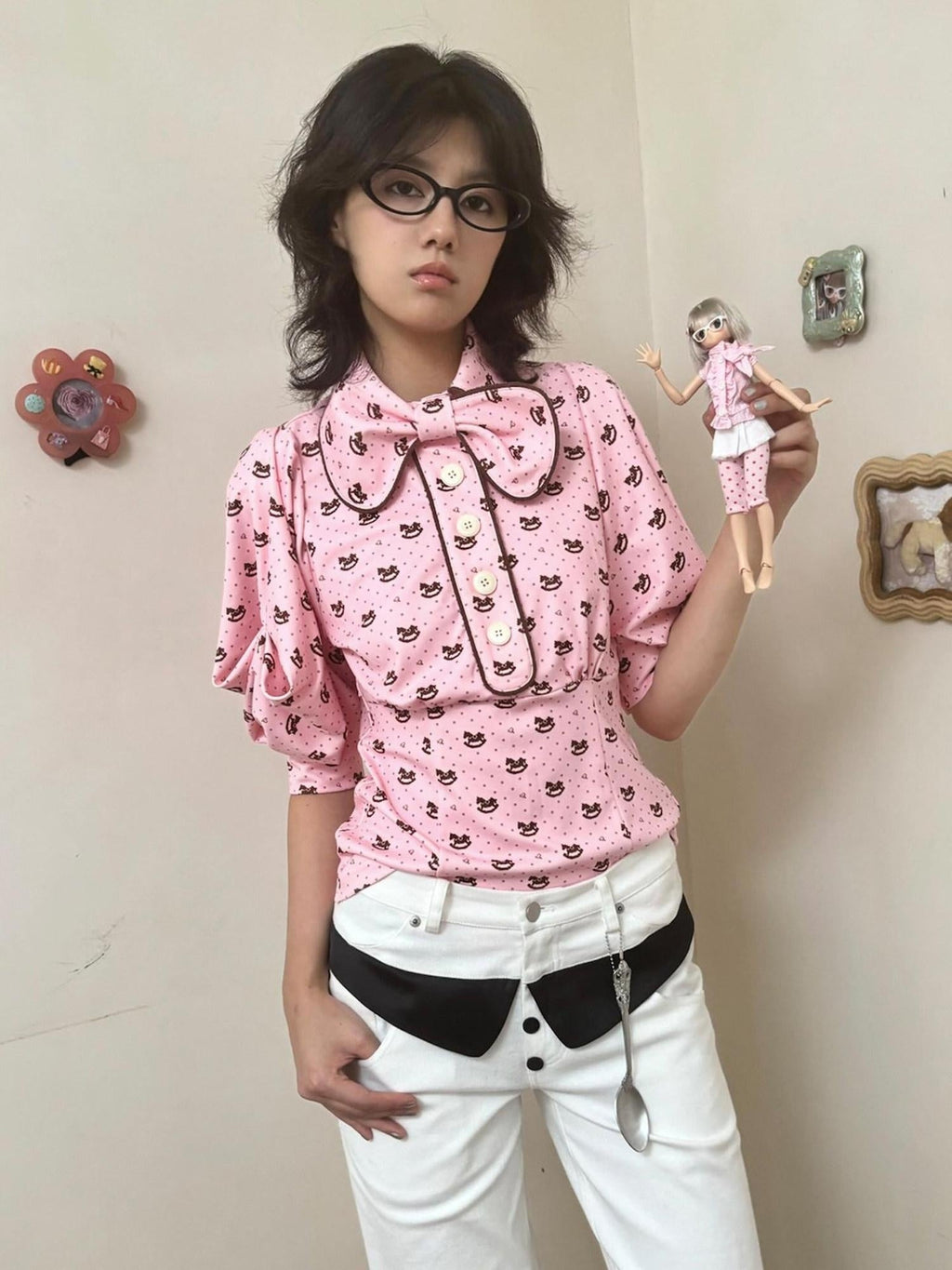 Slimming Cute Loose Folded Princess Short Sleeve Unisex Shape Retaining Blouses