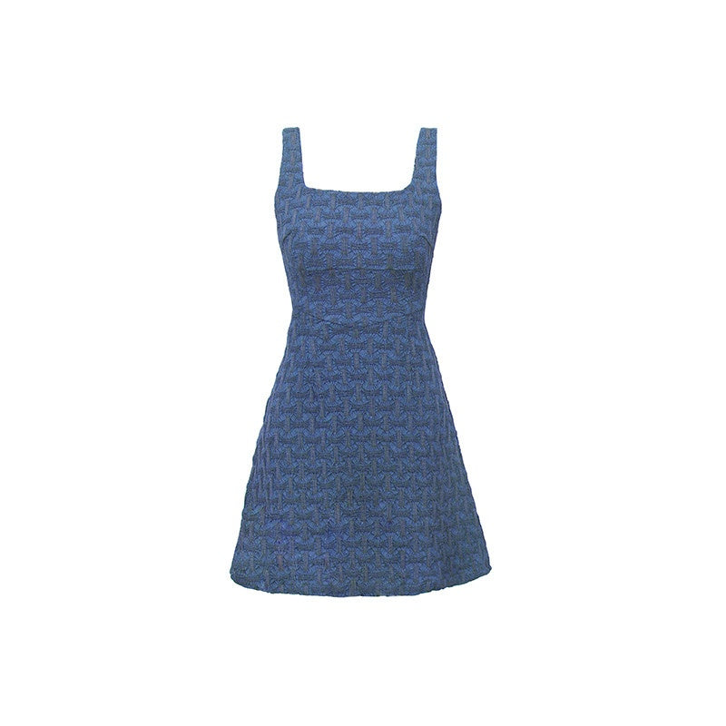 Embroidered High Waist Cotton A Line Square Neck Casual Women Blue Mini Dresses